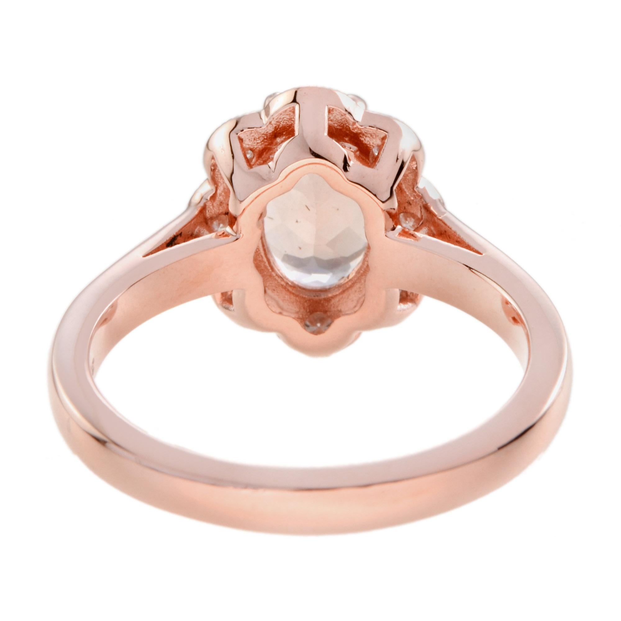 Oval Shaped Morganite and Diamond Halo Vintage Style Ring in 9k Rose Gold In New Condition For Sale In Bangkok, TH