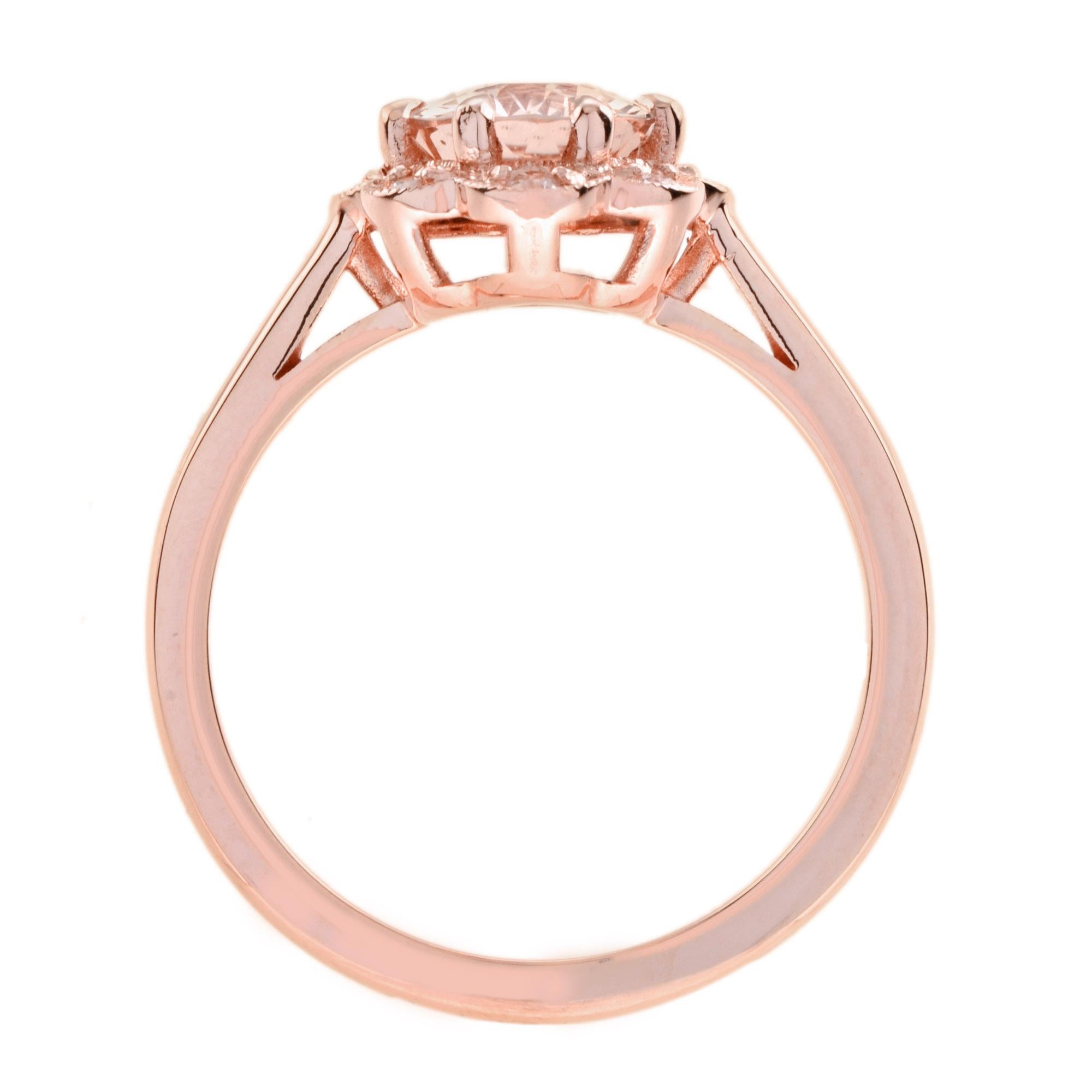 Women's Oval Shaped Morganite and Diamond Halo Vintage Style Ring in 9k Rose Gold For Sale