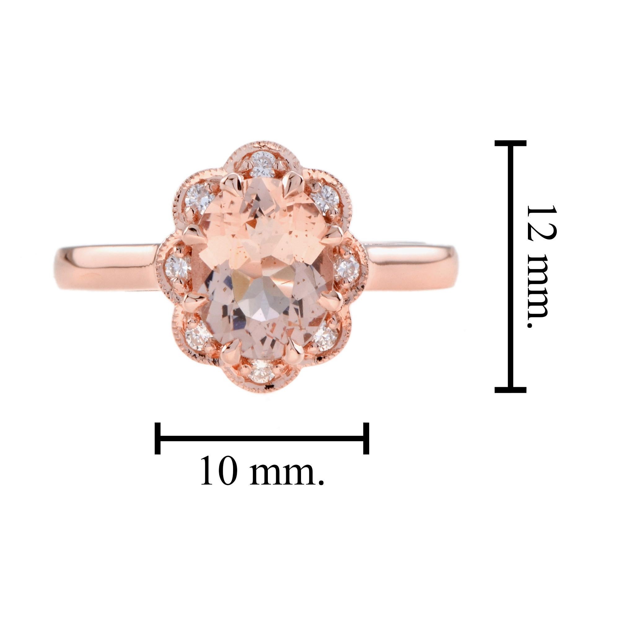 Oval Shaped Morganite and Diamond Halo Vintage Style Ring in 9k Rose Gold For Sale 1