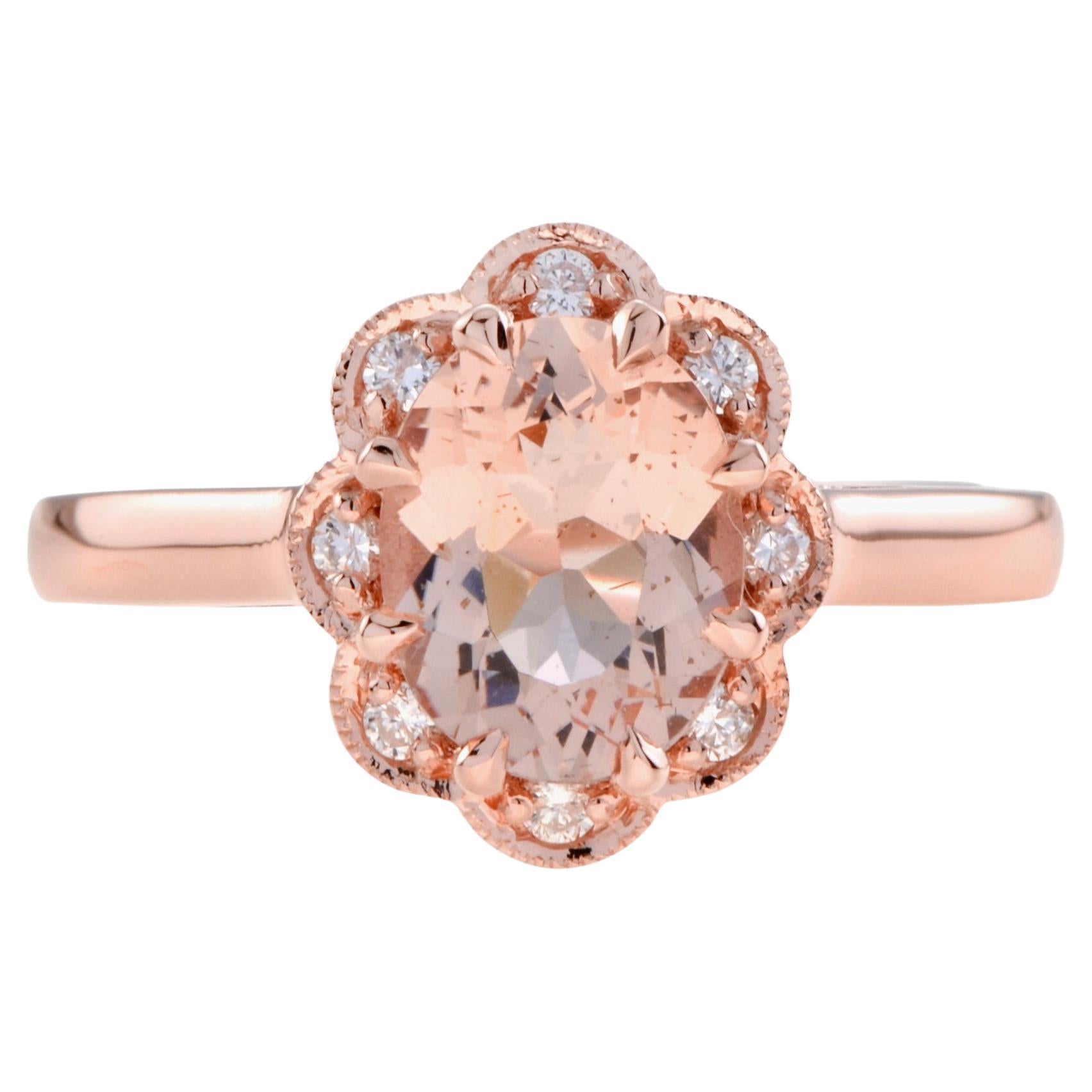 Oval Shaped Morganite and Diamond Halo Vintage Style Ring in 9k Rose Gold For Sale