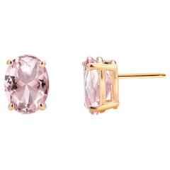 Oval Shaped Morganite Set in Yellow Gold Stud Earrings Weighing 2.11 Carats