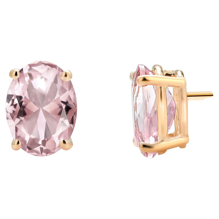 Oval Shaped Morganite Set in Yellow Gold Stud Earrings Weighing 5.95 Carats For Sale
