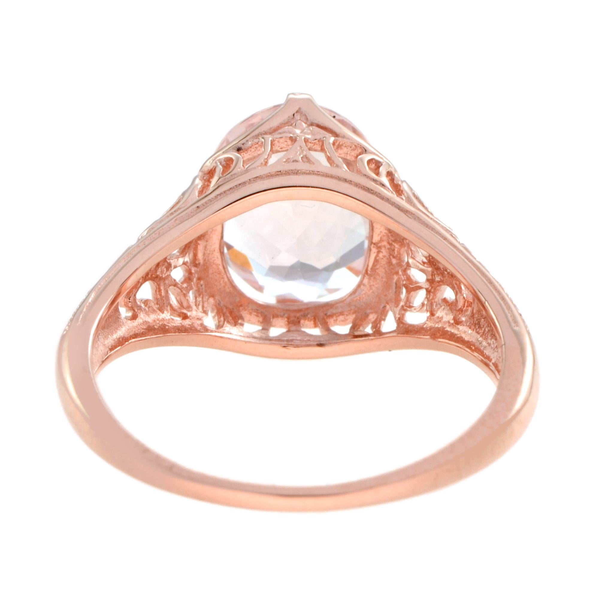 Art Deco Oval Shaped Morganite Vintage Style Filigree Engagement Ring in 9k Rose Gold For Sale