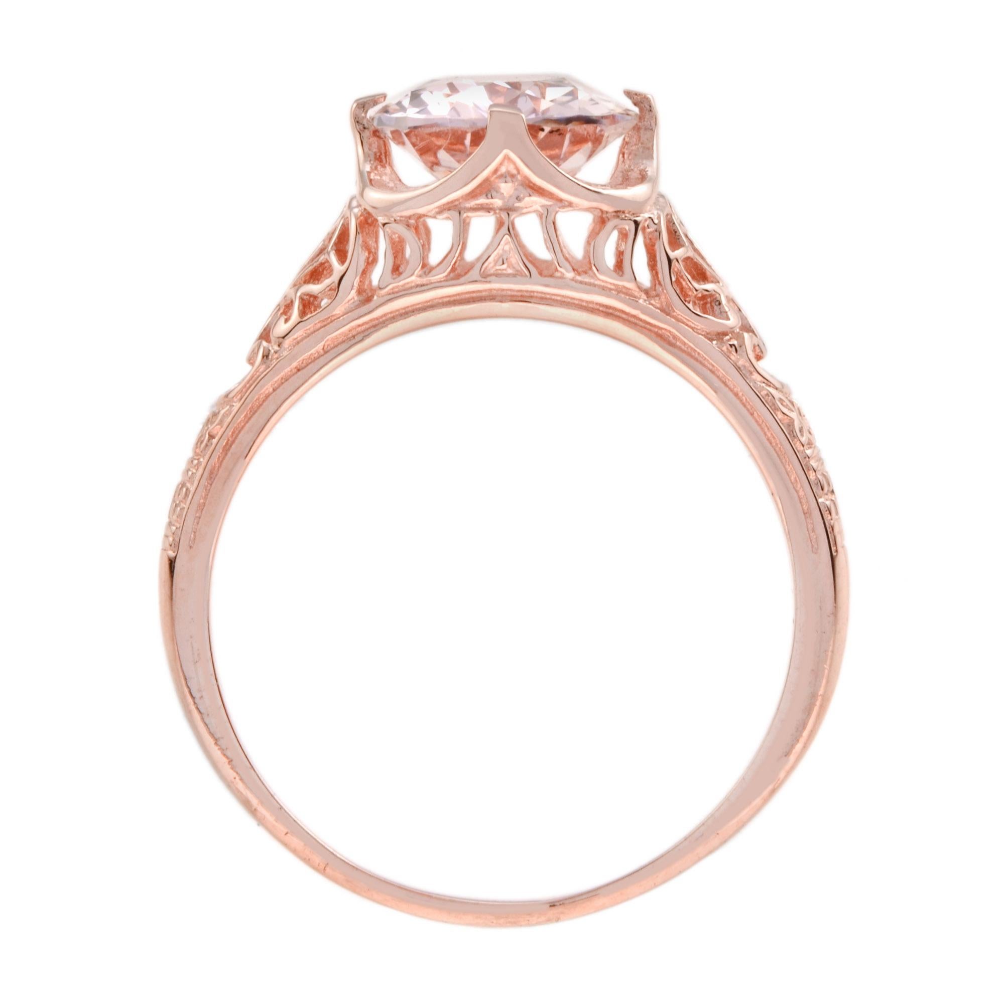 Oval Cut Oval Shaped Morganite Vintage Style Filigree Engagement Ring in 9k Rose Gold For Sale