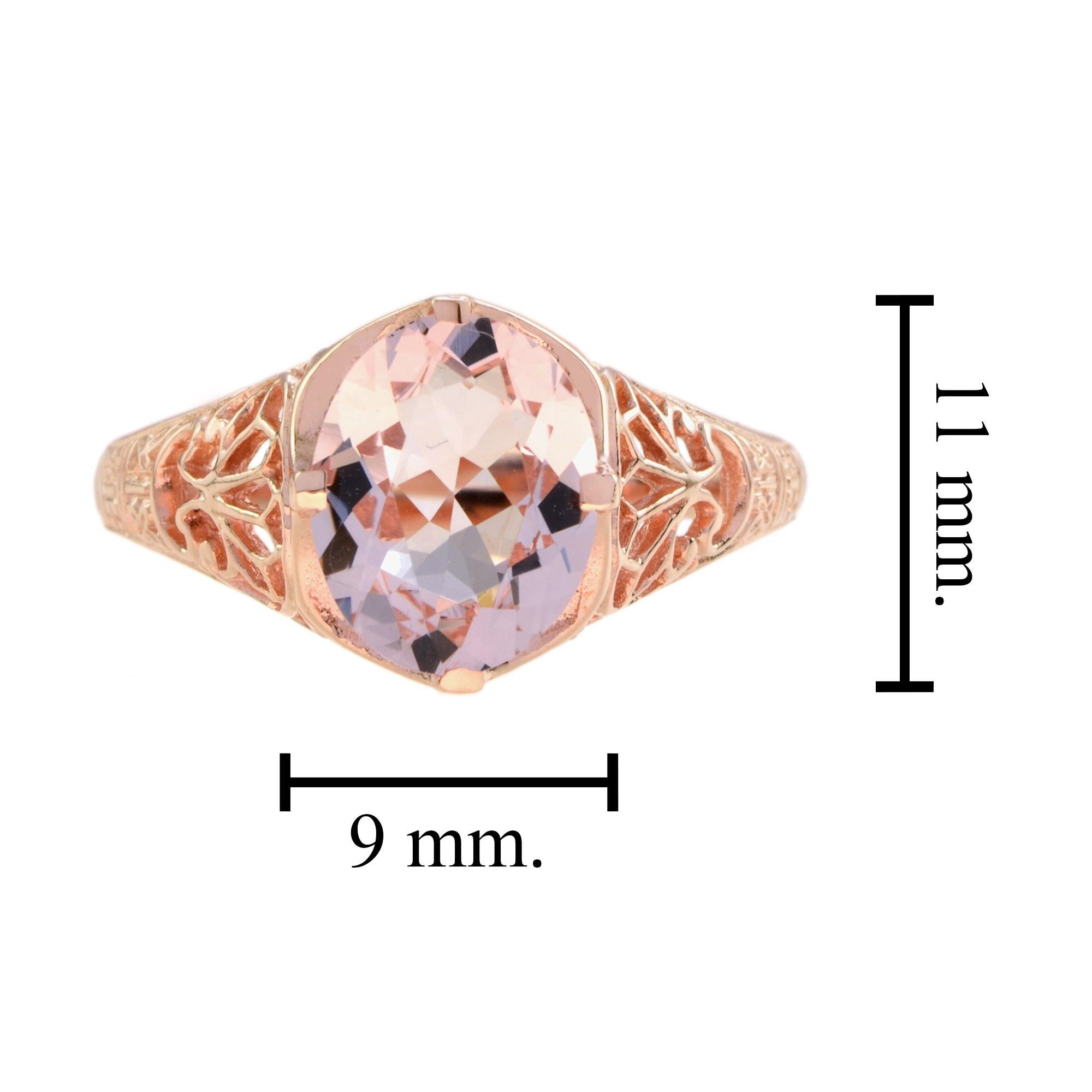 Oval Shaped Morganite Vintage Style Filigree Engagement Ring in 9k Rose Gold In New Condition For Sale In Bangkok, TH