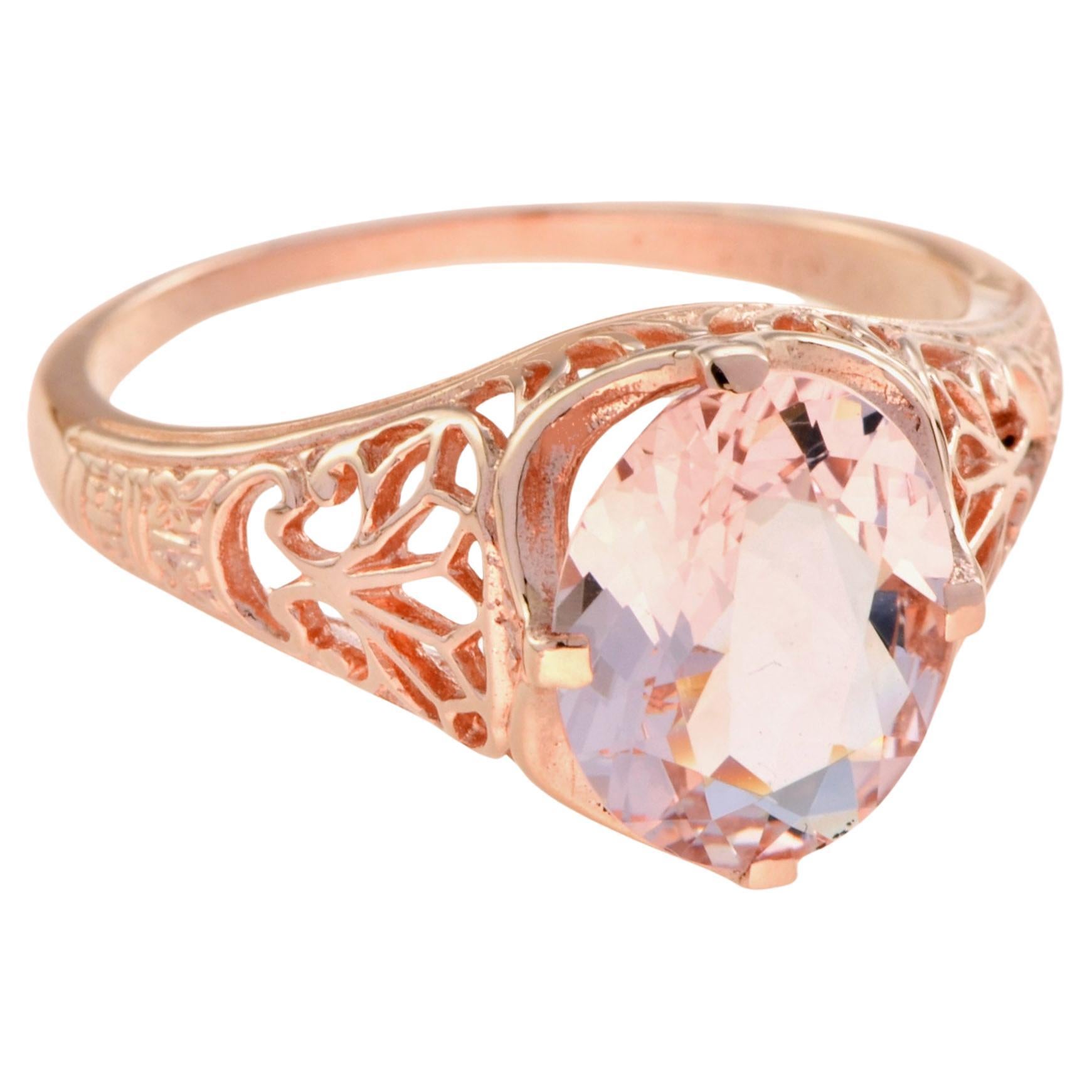 Oval Shaped Morganite Vintage Style Filigree Engagement Ring in 9k Rose Gold For Sale