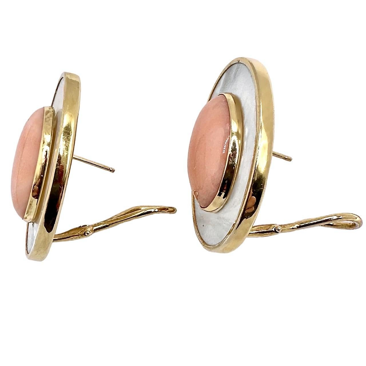 Modern Oval Shaped Mother of Pearl and Angel Skin Coral Earrings For Sale