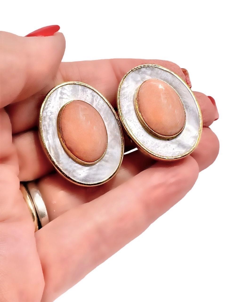 Oval Shaped Mother of Pearl and Angel Skin Coral Earrings For Sale 1