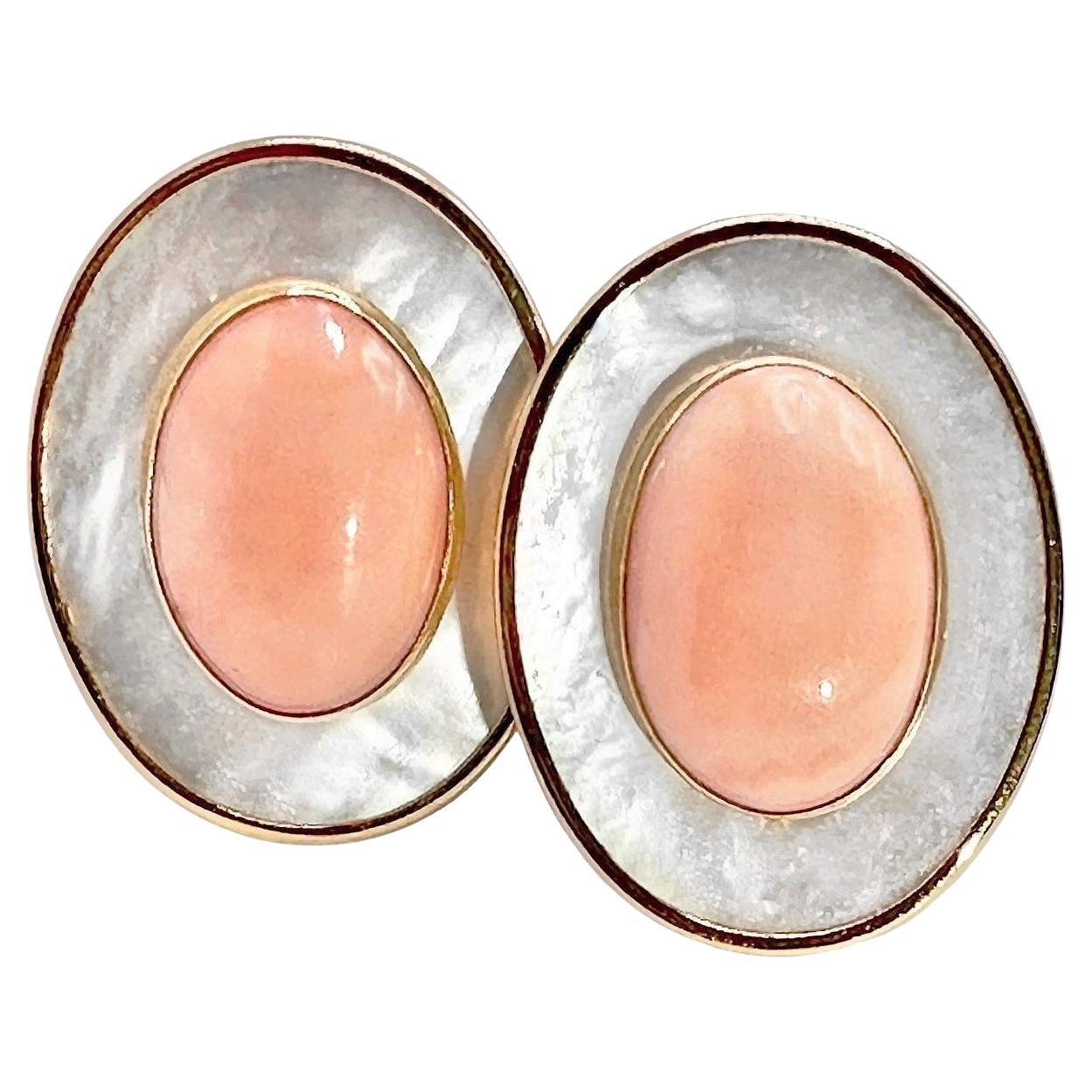 Oval Shaped Mother of Pearl and Angel Skin Coral Earrings For Sale