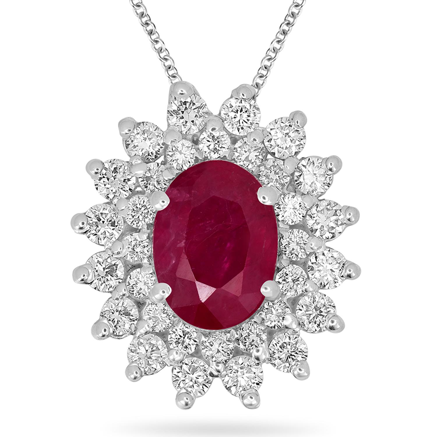 Art Deco Oval Shaped Mozambique Ruby Minimal Pendant Accented With Diamonds In 18k Gold For Sale