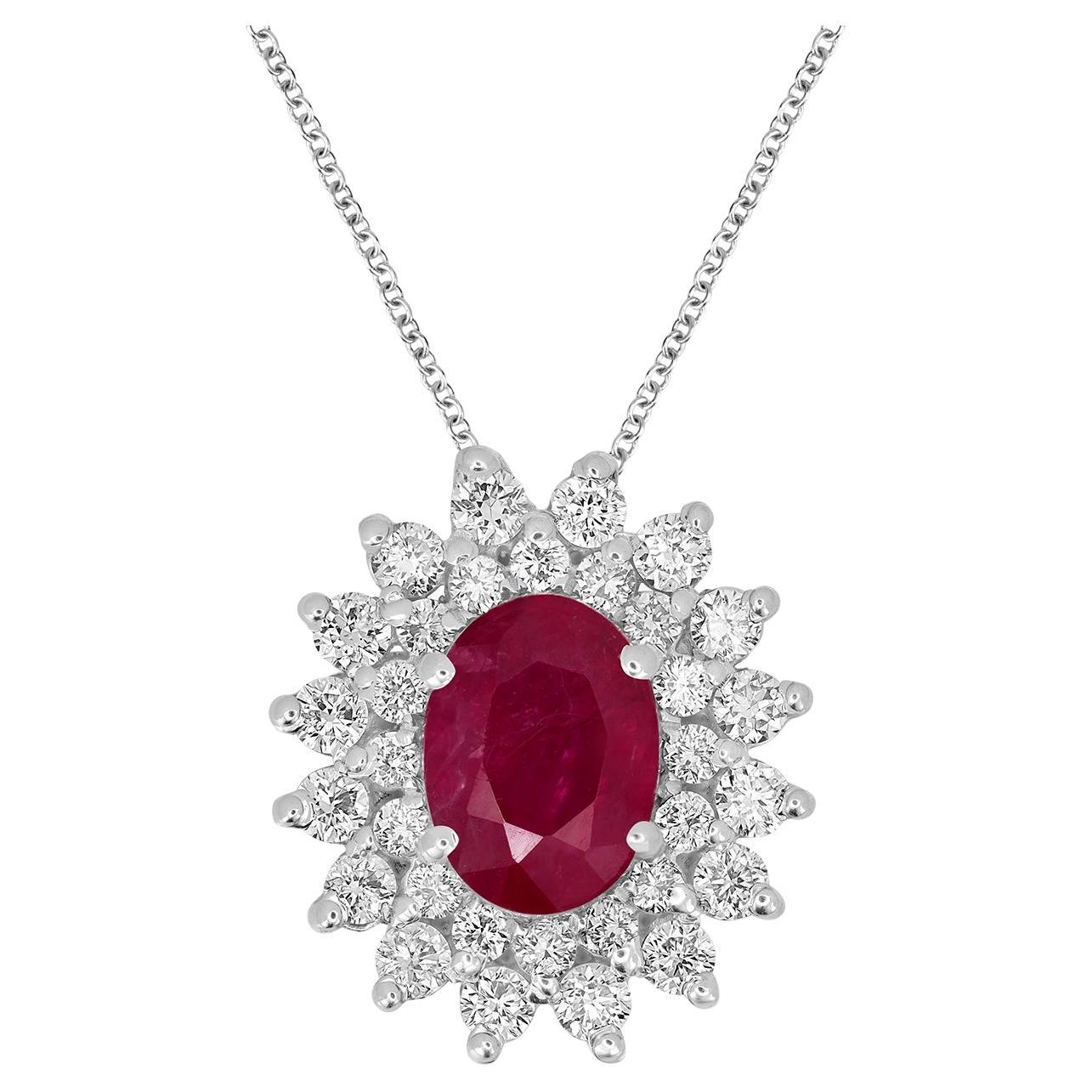 Oval Shaped Mozambique Ruby Minimal Pendant Accented With Diamonds In 18k Gold For Sale