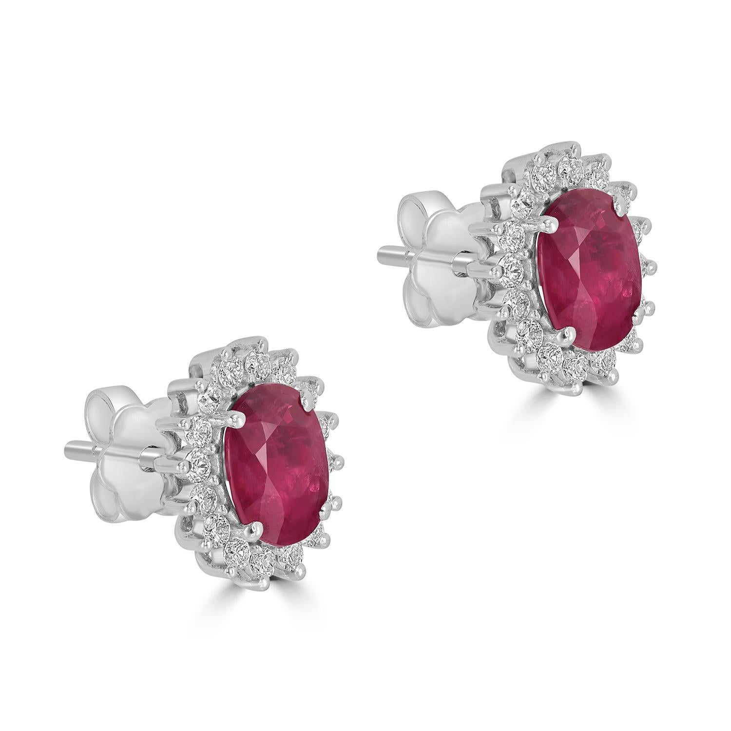 Art Deco Oval Shaped Mozambique Ruby Minimal Studs Studded With Diamonds In 18k Gold For Sale