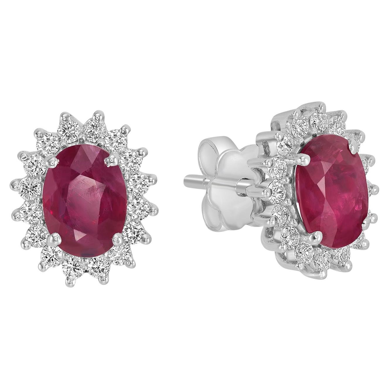 Oval Shaped Mozambique Ruby Minimal Studs Studded With Diamonds In 18k Gold