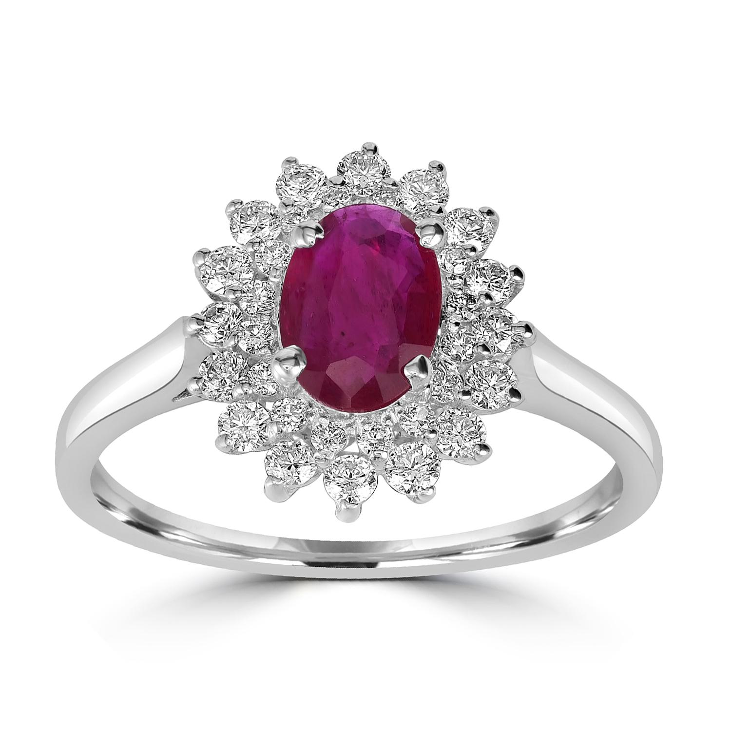 Art Deco Oval Shaped Mozambique Ruby Snow Flake Ring With Diamonds Made in 18k White Gold For Sale