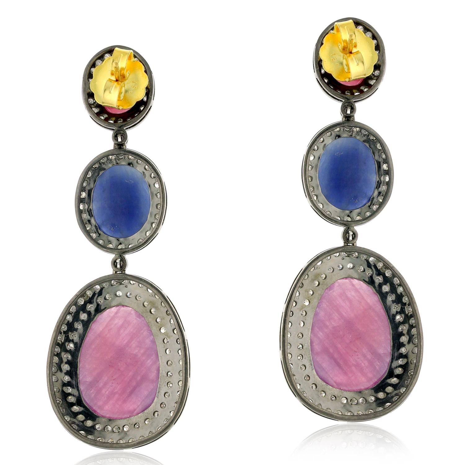 Art Nouveau Oval Shaped Multi Sapphire Earrings With Pave Diamonds Made In 18k Gold & Silver For Sale