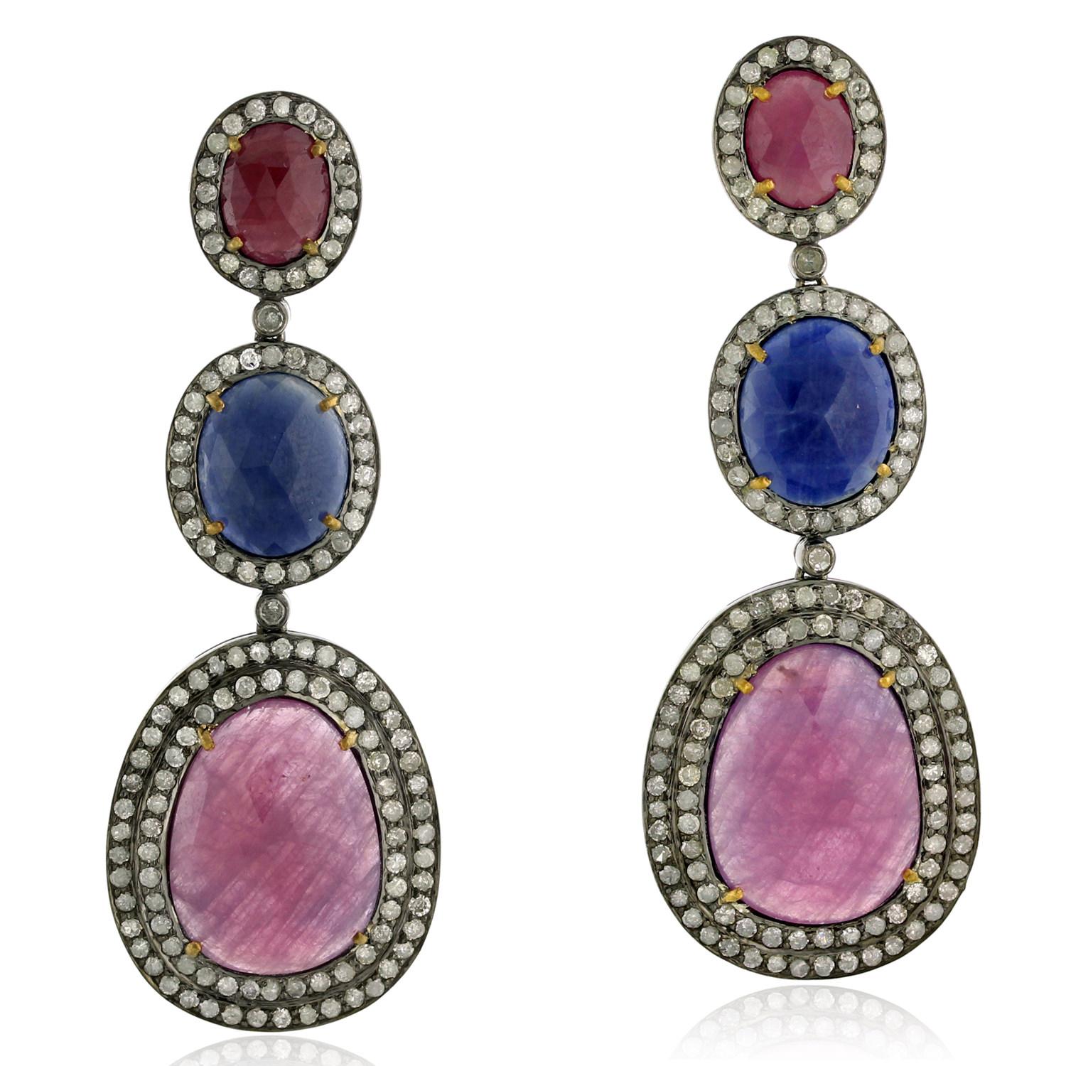 Oval Shaped Multi Sapphire Earrings With Pave Diamonds Made In 18k Gold & Silver In New Condition For Sale In New York, NY
