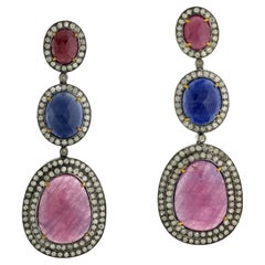 Oval Shaped Multi Sapphire Earrings With Pave Diamonds Made In 18k Gold & Silver