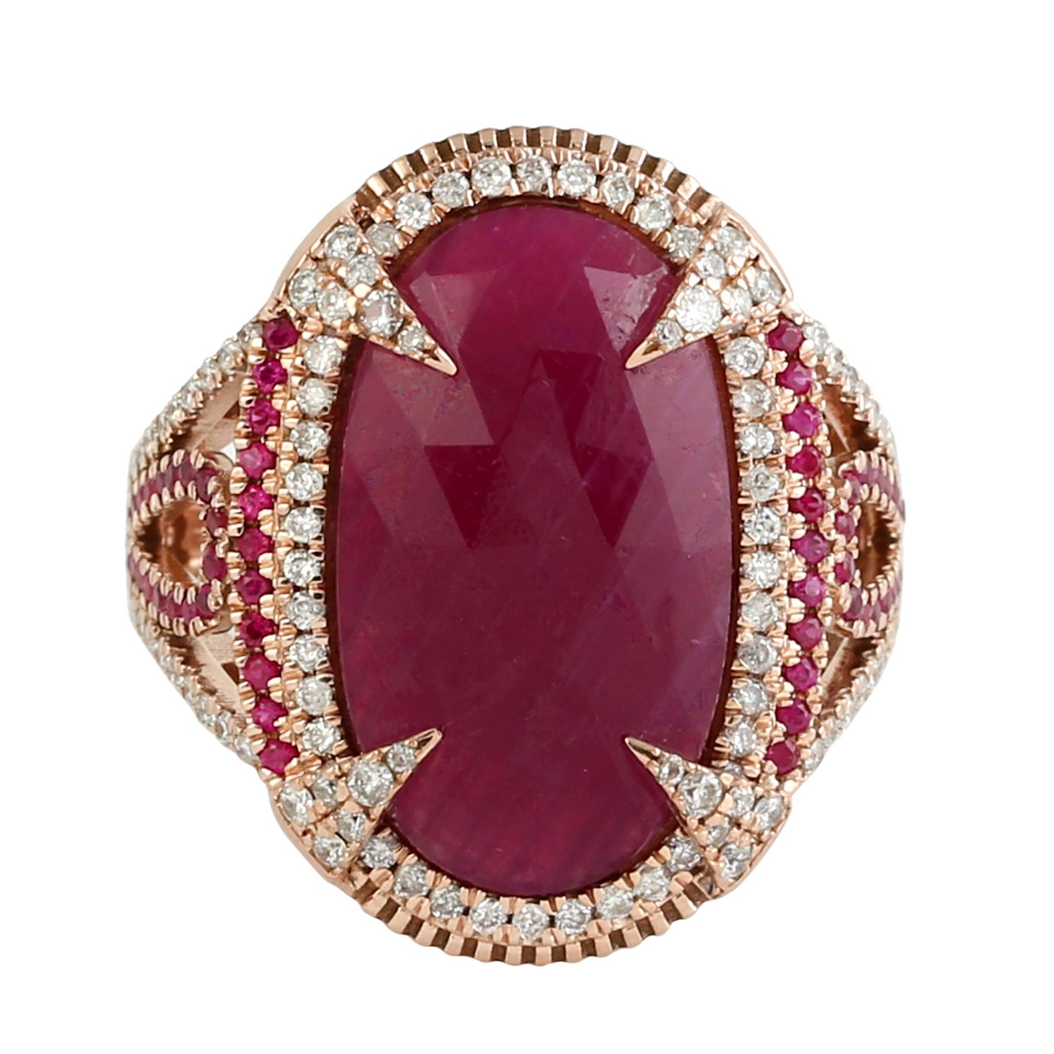 Mixed Cut Oval Shaped Natural Ruby Cocktail Ring With Diamonds For Sale