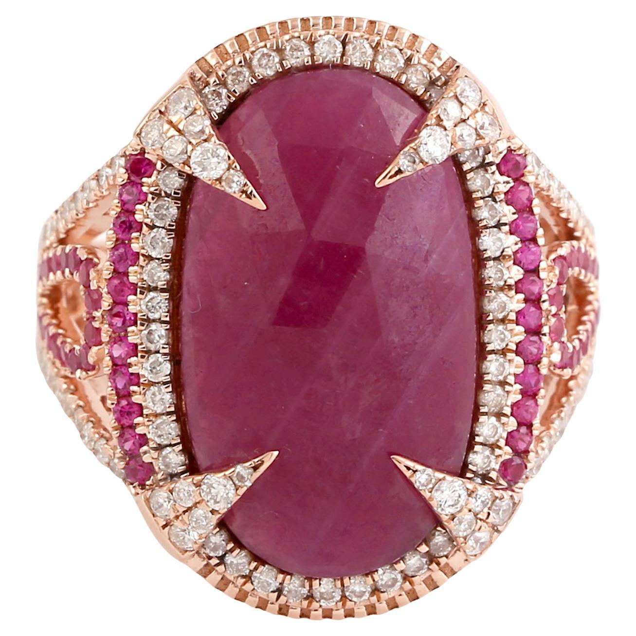 Oval Shaped Natural Ruby Cocktail Ring With Diamonds For Sale