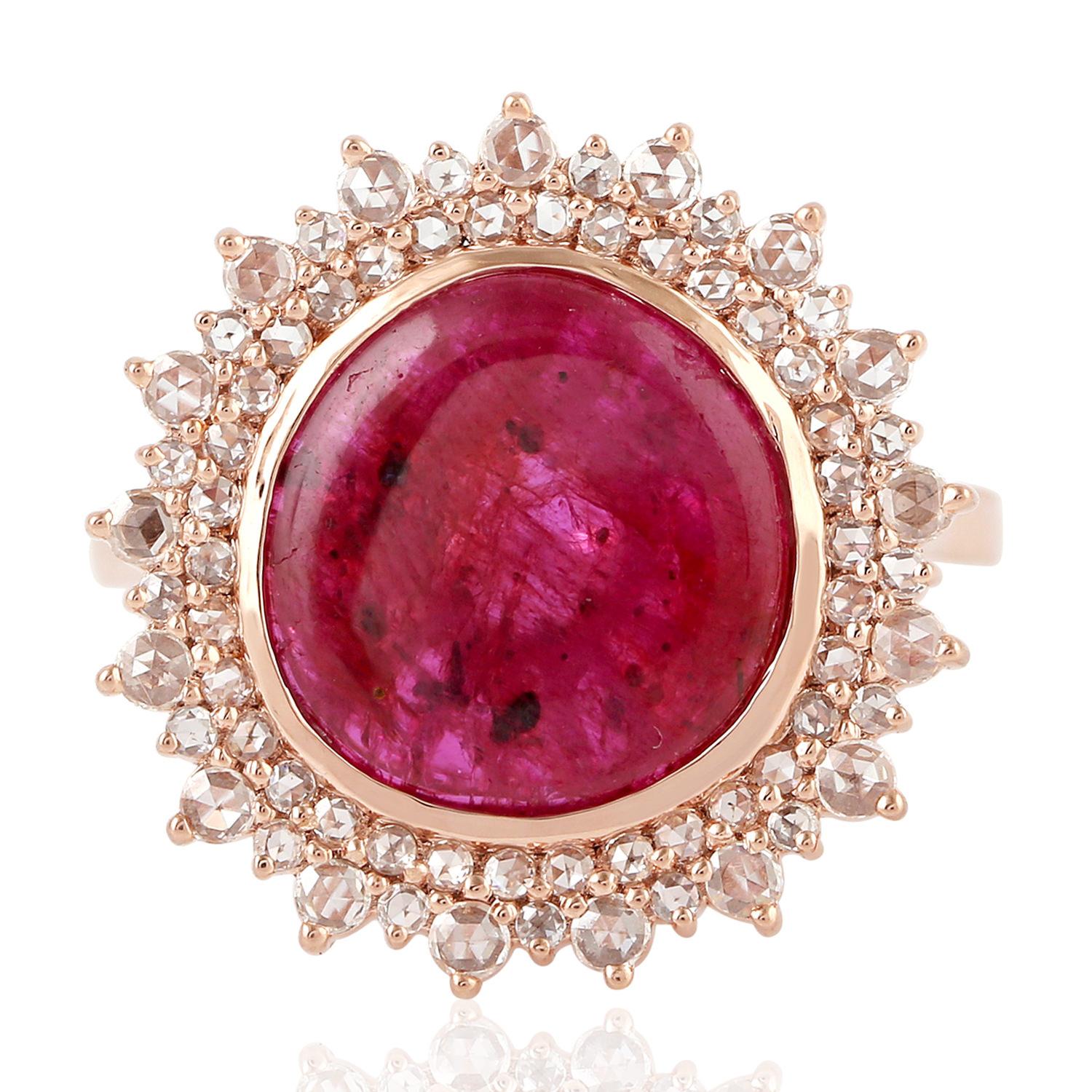 Mixed Cut Oval Shaped Natural Ruby Cocktail Ring With Diamonds made In 18k Rose Gold For Sale