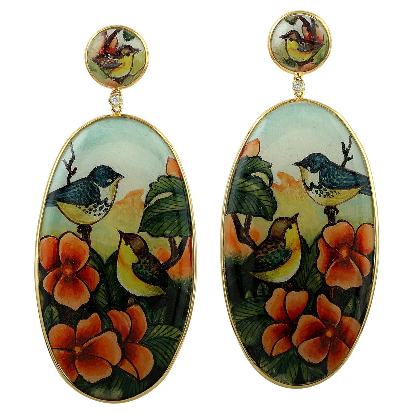 Oval Shaped Painted Enamel Bakelite Dangle Earrings With Diamonds In 18K Gold
