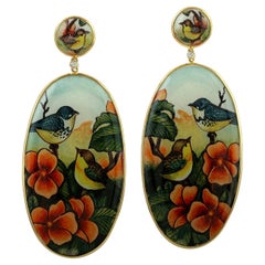 Oval Shaped Painted Enamel Bakelite Dangle Earrings With Diamonds In 18K Gold