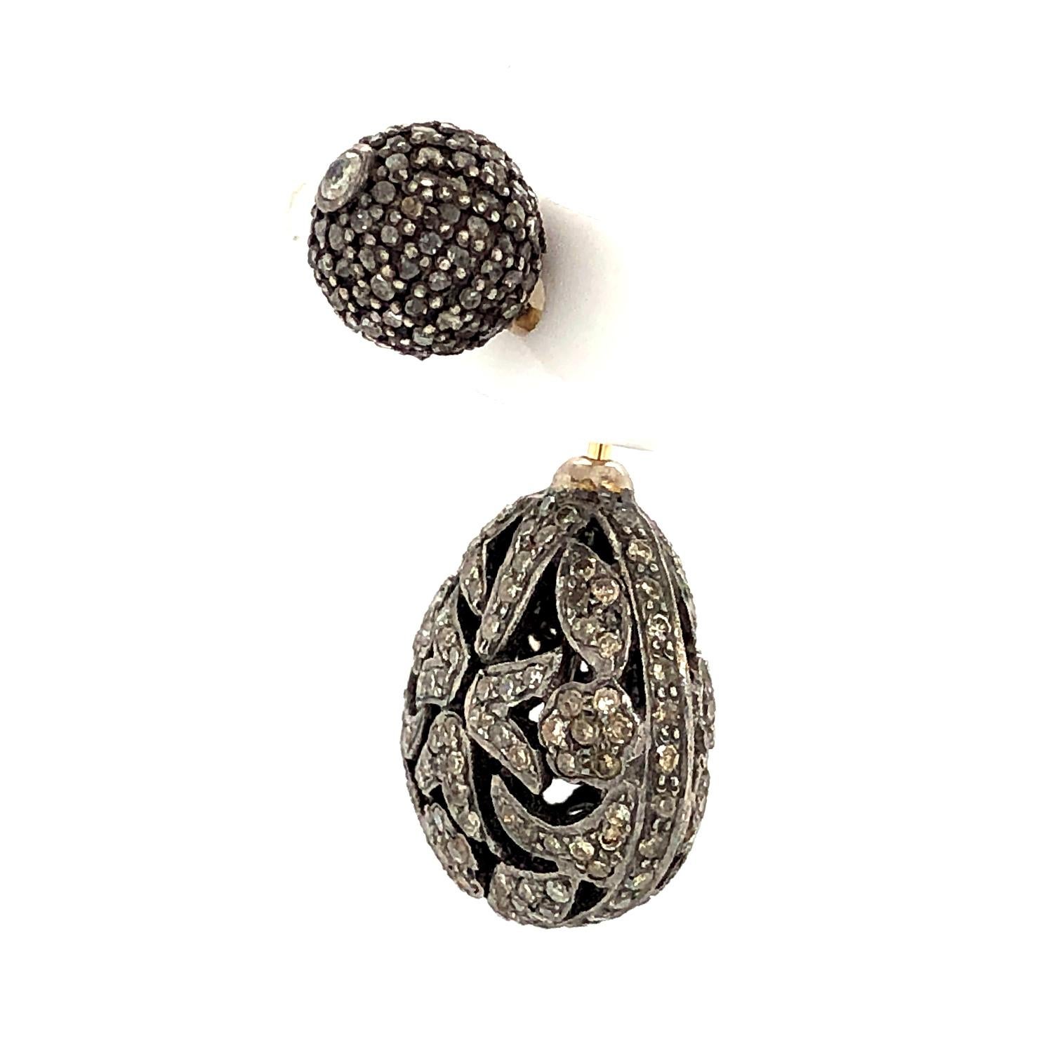 Boucles d'oreilles en or et argent 14k avec diamants pavés de forme ovale Neuf - En vente à New York, NY
