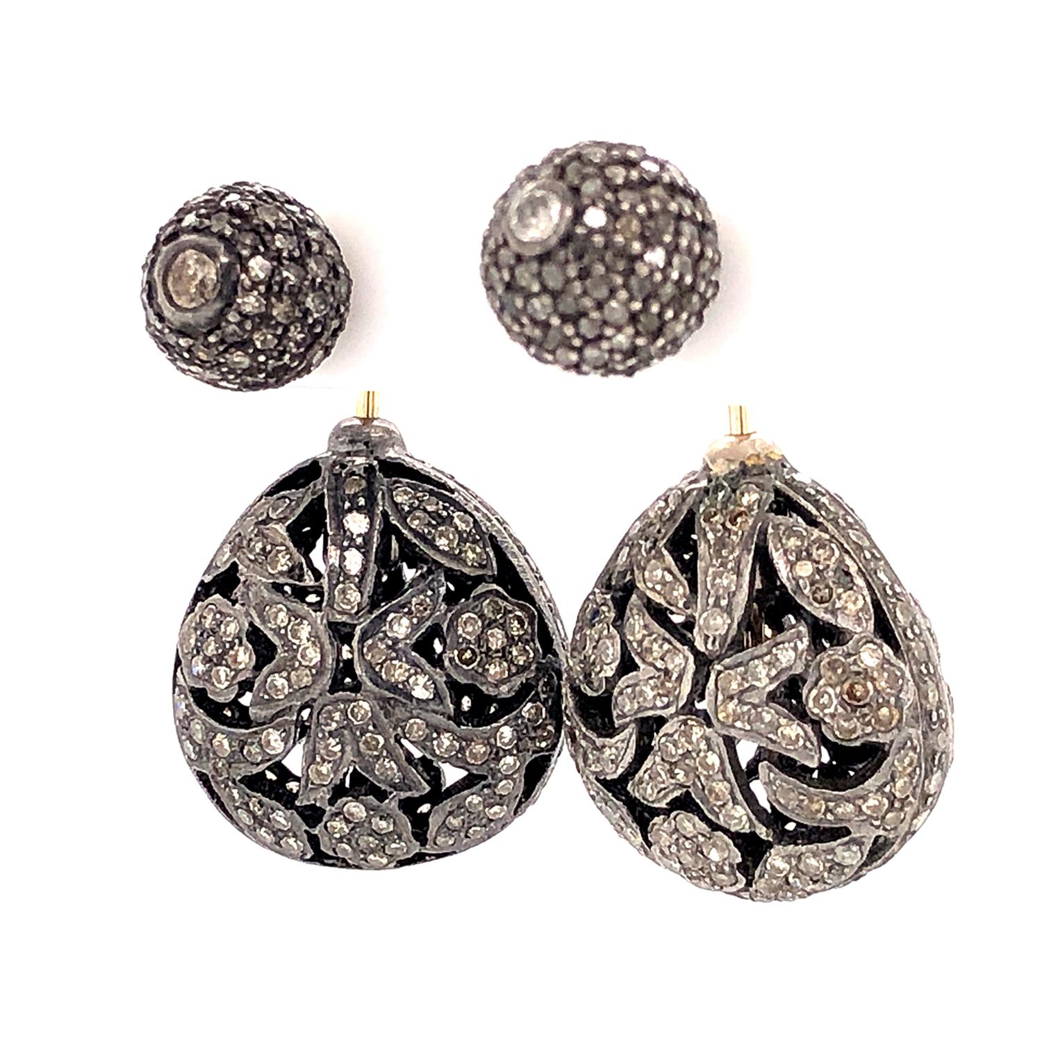 Boucles d'oreilles en or et argent 14k avec diamants pavés de forme ovale Pour femmes en vente