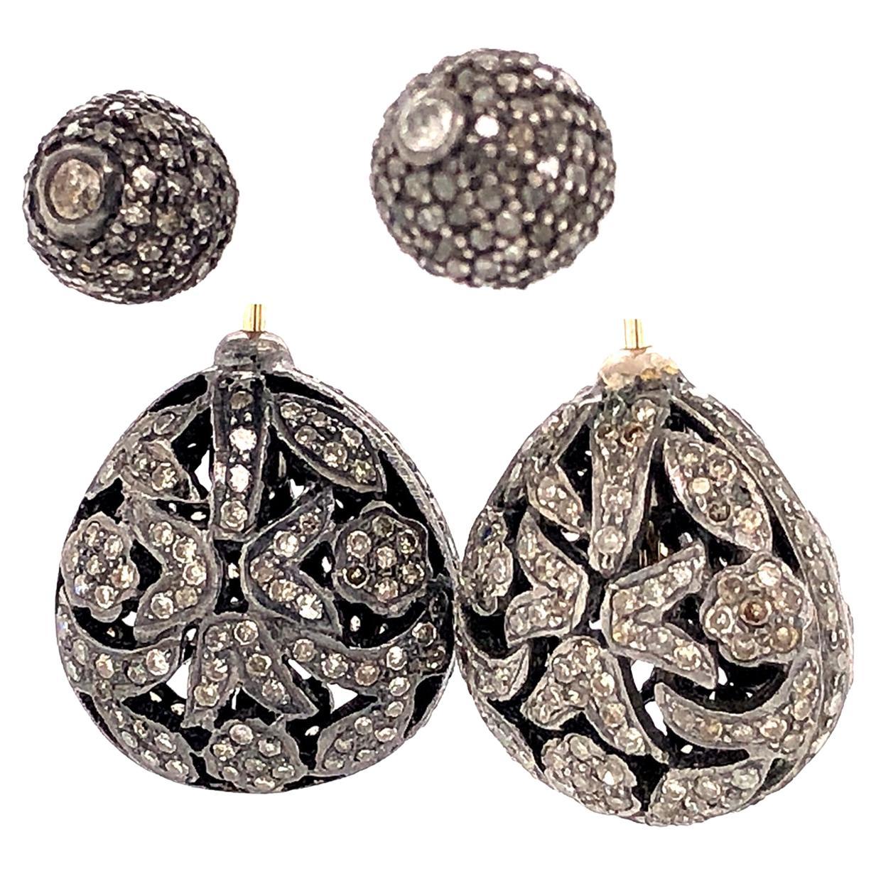 Boucles d'oreilles en or et argent 14k avec diamants pavés de forme ovale en vente