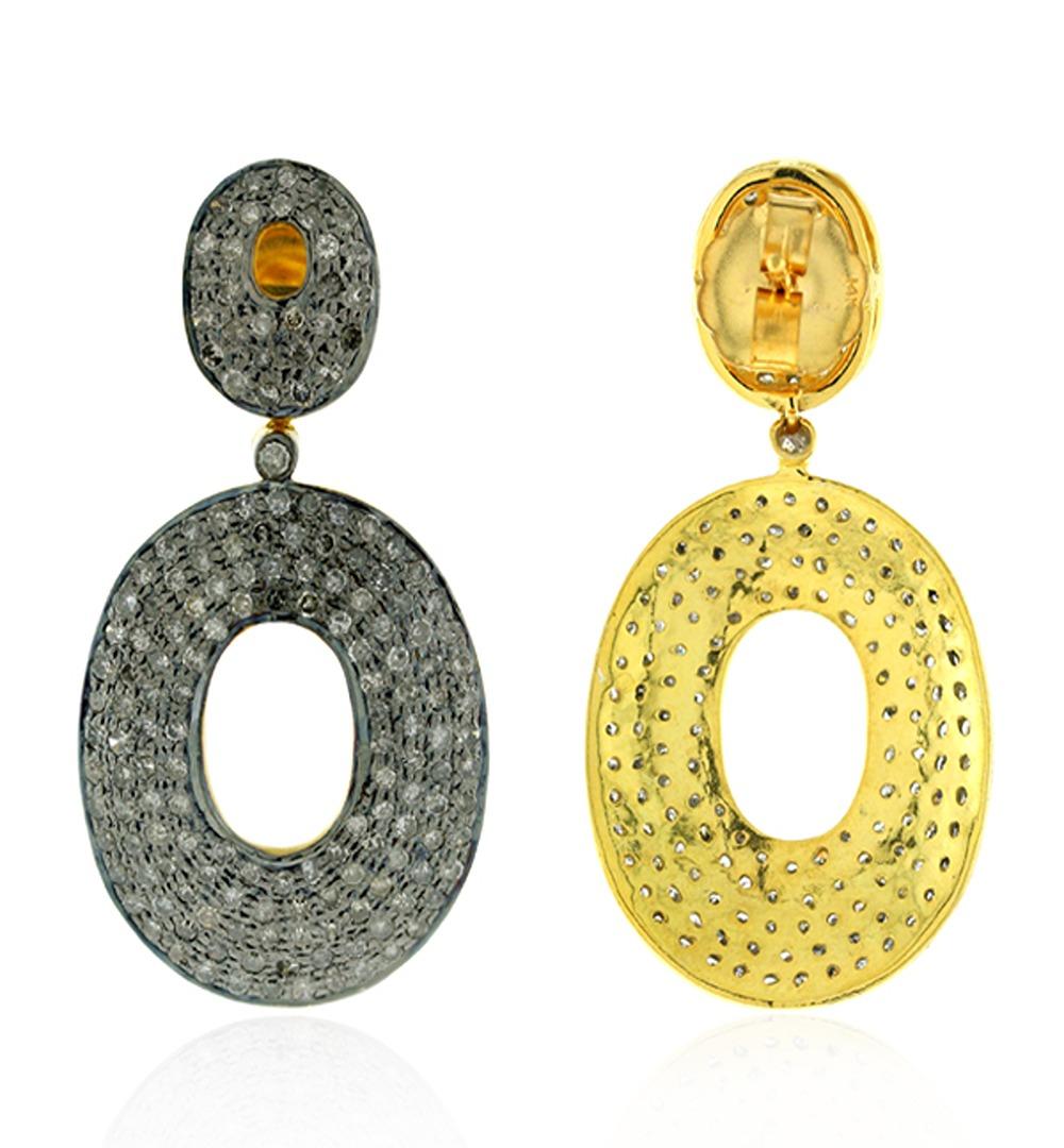 Artisan Oval Shaped Pave Diamonds Dangle Earrings Made In 14k Gold & Silver For Sale