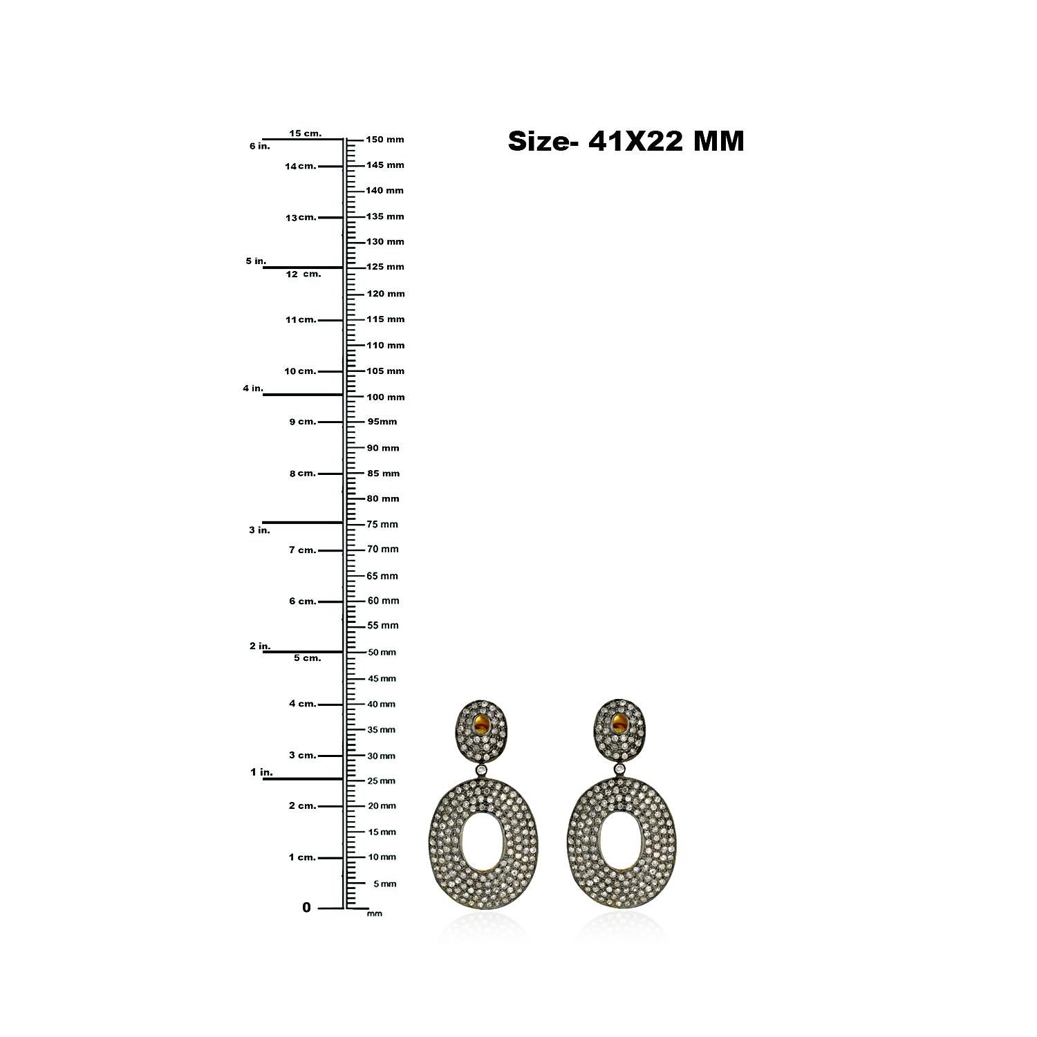 Taglio misto Orecchini pendenti con diamanti ovali a forma di pavé in oro 14k e argento in vendita