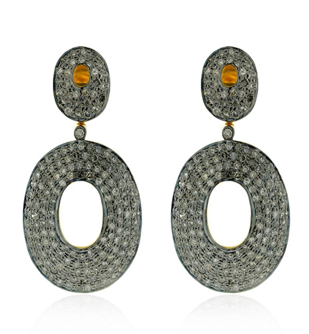 Women's Oval Shaped Pave Diamonds Dangle Earrings Made In 14k Gold & Silver For Sale