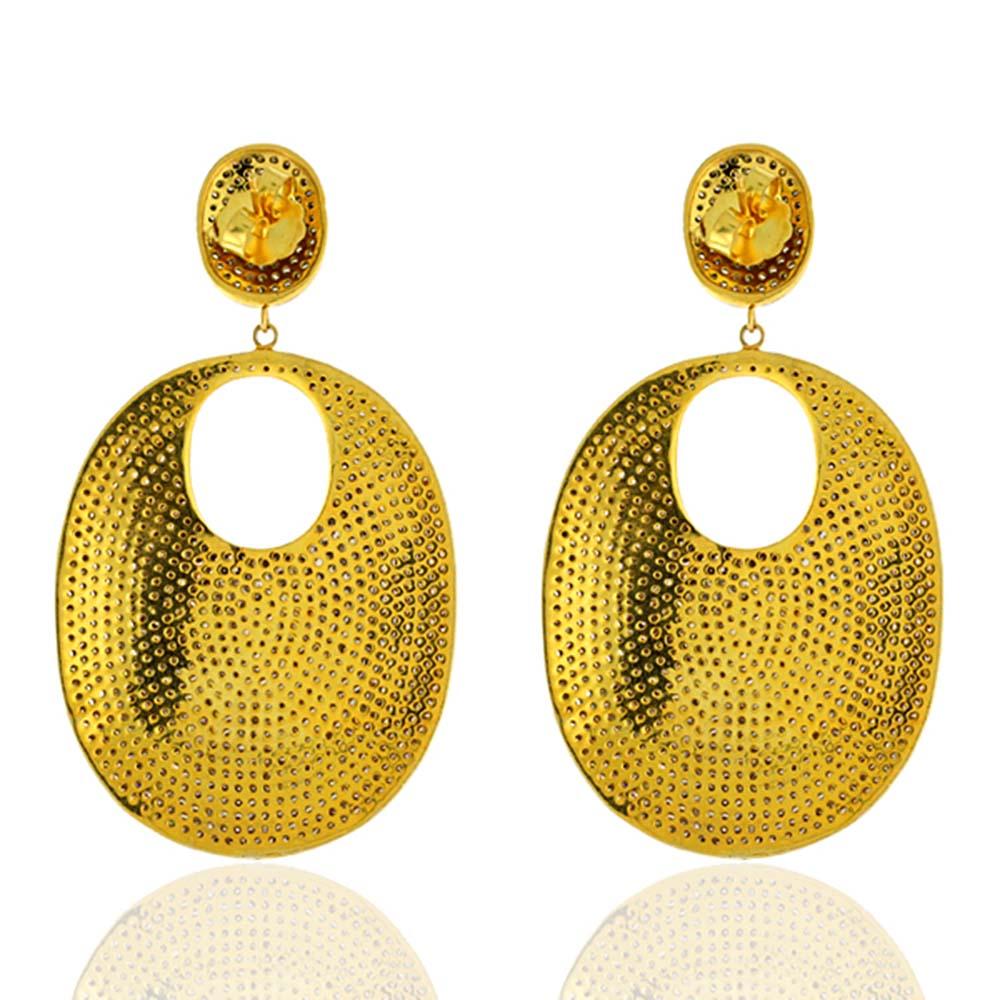 Artisan Oval Shaped Pave Diamonds Dangle Earrings Made in 14k Yellow Gold & Silver For Sale