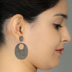 Oval Shaped Pave Diamonds Dangle Earrings Made in 14k Yellow Gold & Silver
