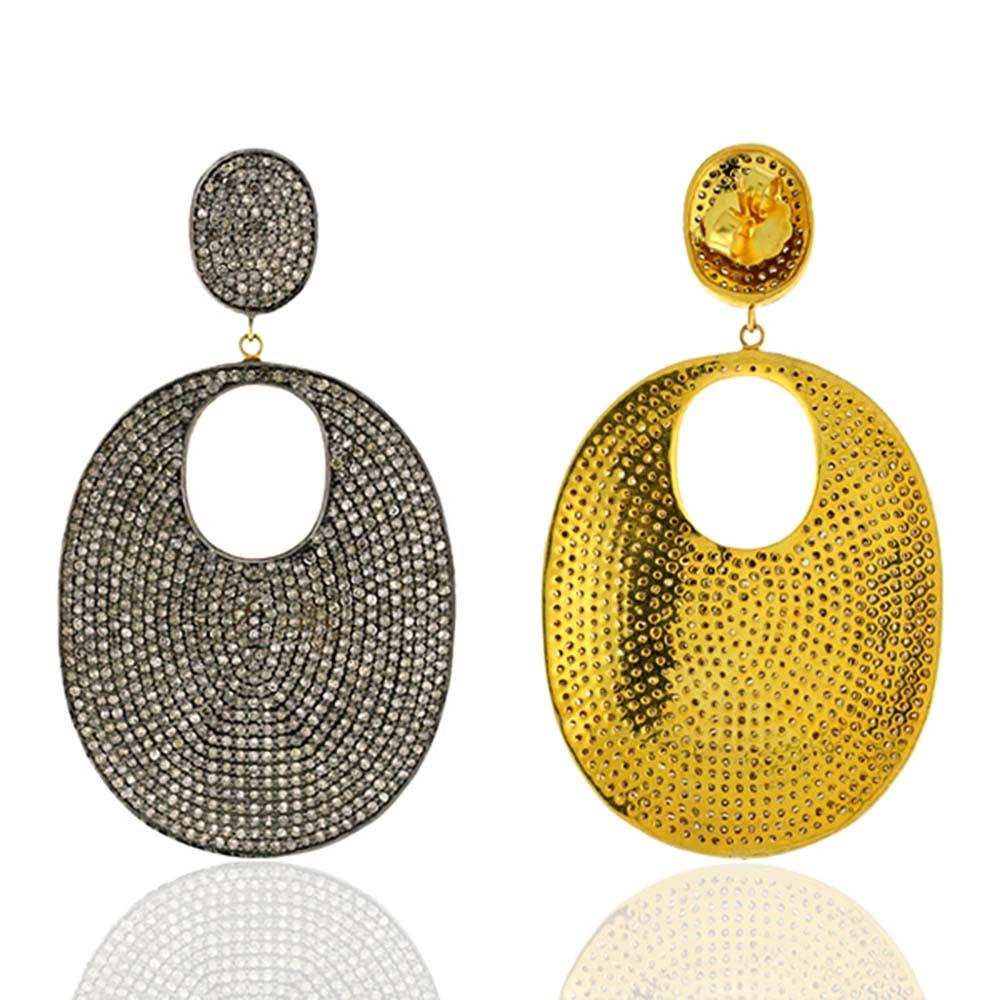 Artisan Oval Shaped Pave Diamonds Dangle Earrings Made in 14k Yellow Gold & Silver For Sale