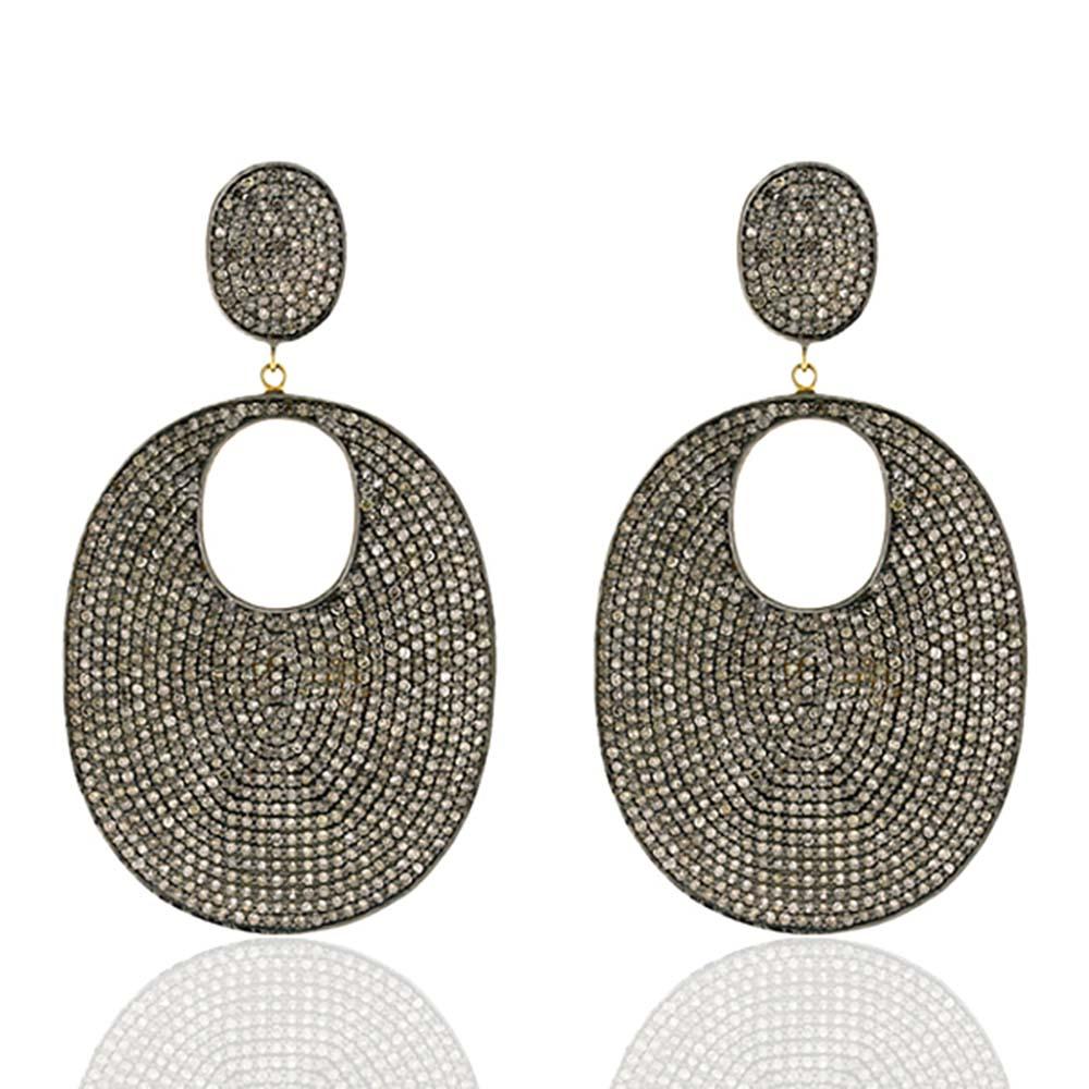Mixed Cut Oval Shaped Pave Diamonds Dangle Earrings Made in 14k Yellow Gold & Silver For Sale