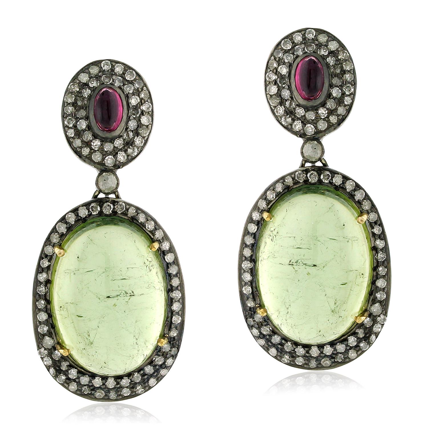 Artisan Oval Shaped Pink & Green Tourmaline with Pave Diamonds Made in 18k Gold & Silver For Sale