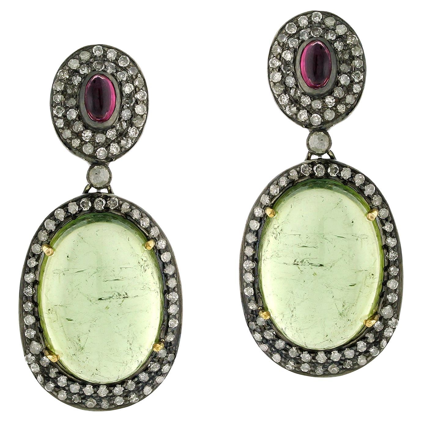Oval Shaped Pink & Green Tourmaline with Pave Diamonds Made in 18k Gold & Silver For Sale