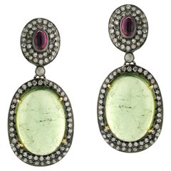 Oval Shaped Pink & Green Tourmaline with Pave Diamonds Made in 18k Gold & Silver