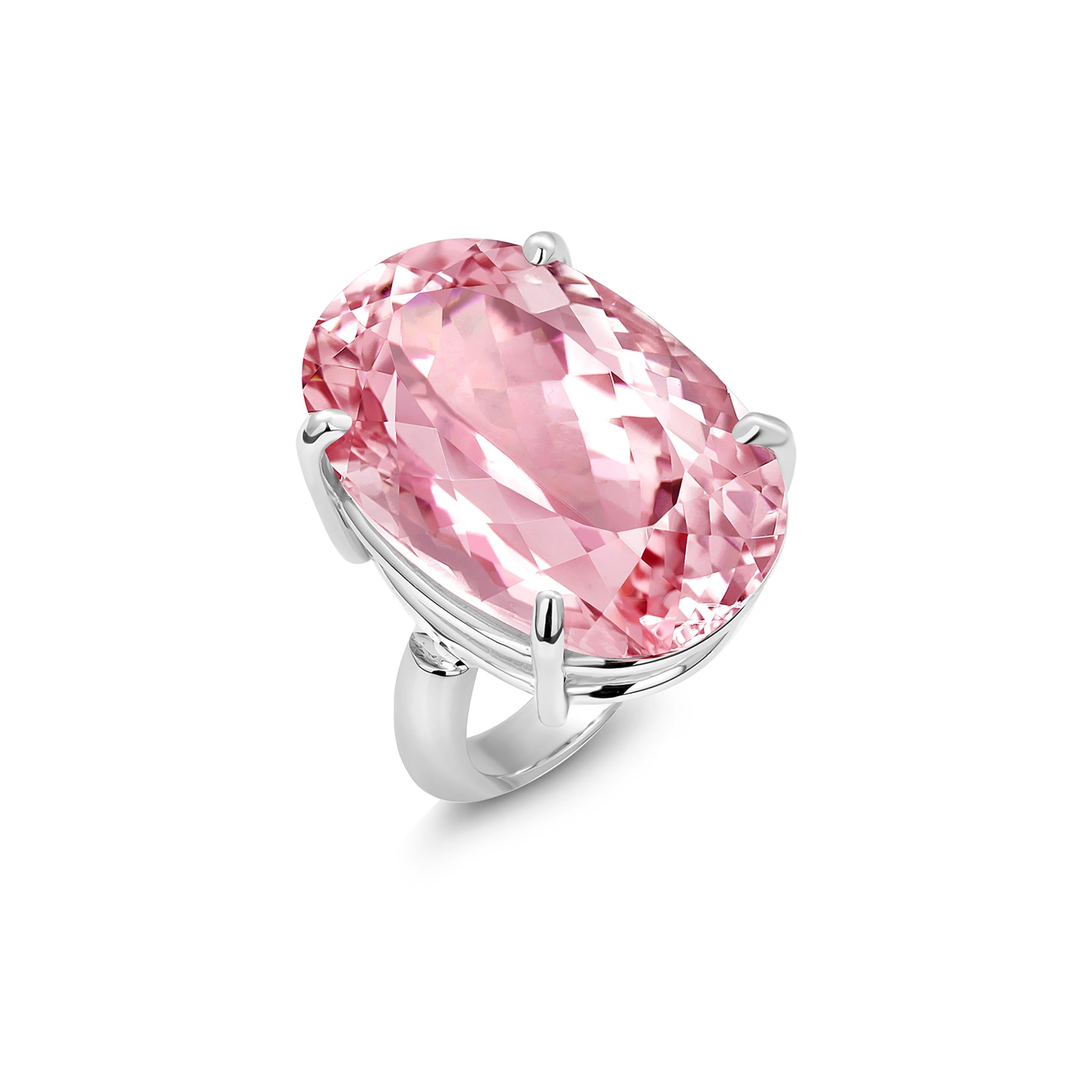 Oval Cut Oval Shaped Pink Kunzite Weighing 28.61 Carats White Gold Cocktail Ring