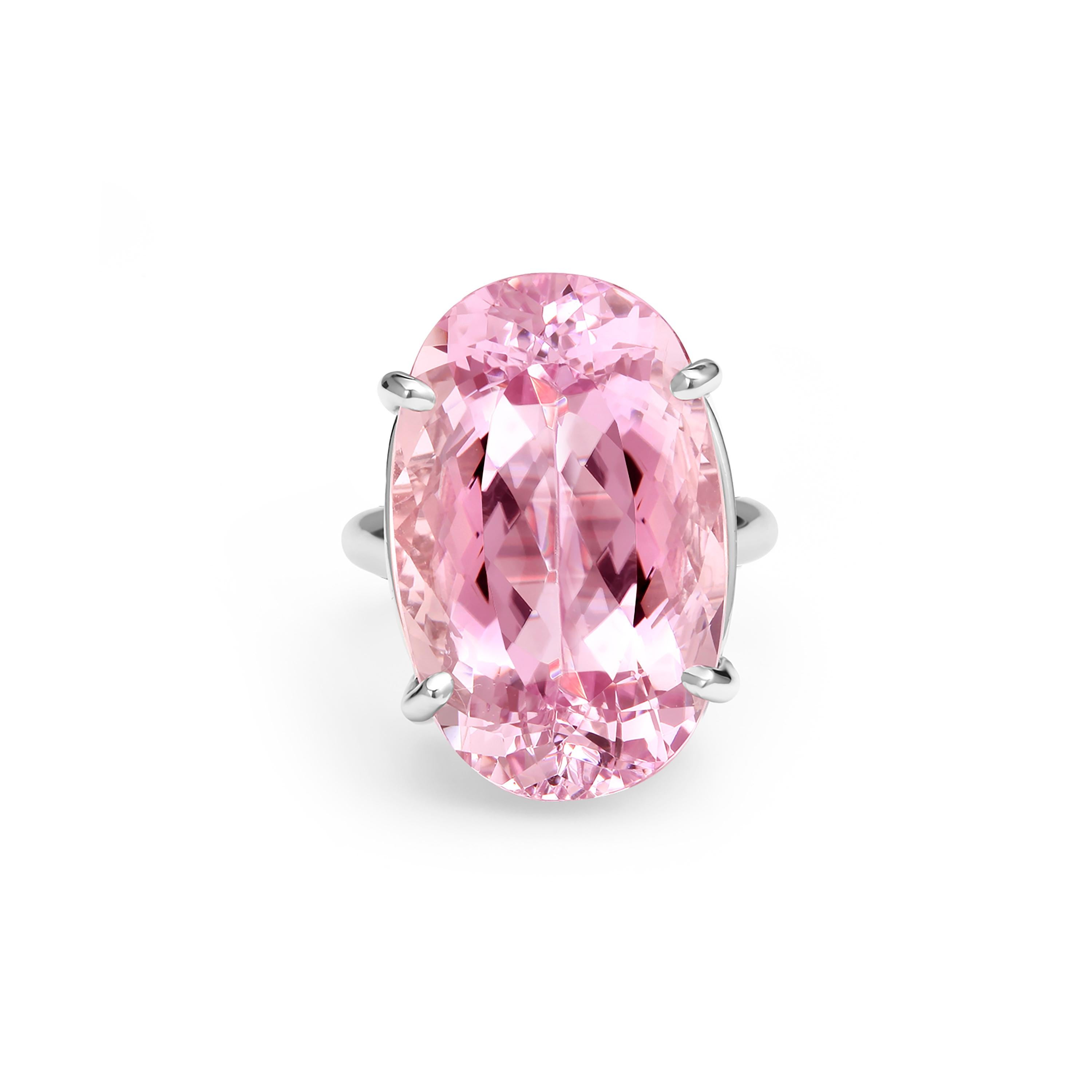 Oval Shaped Pink Kunzite Weighing 28.61 Carats White Gold Cocktail Ring In New Condition In New York, NY