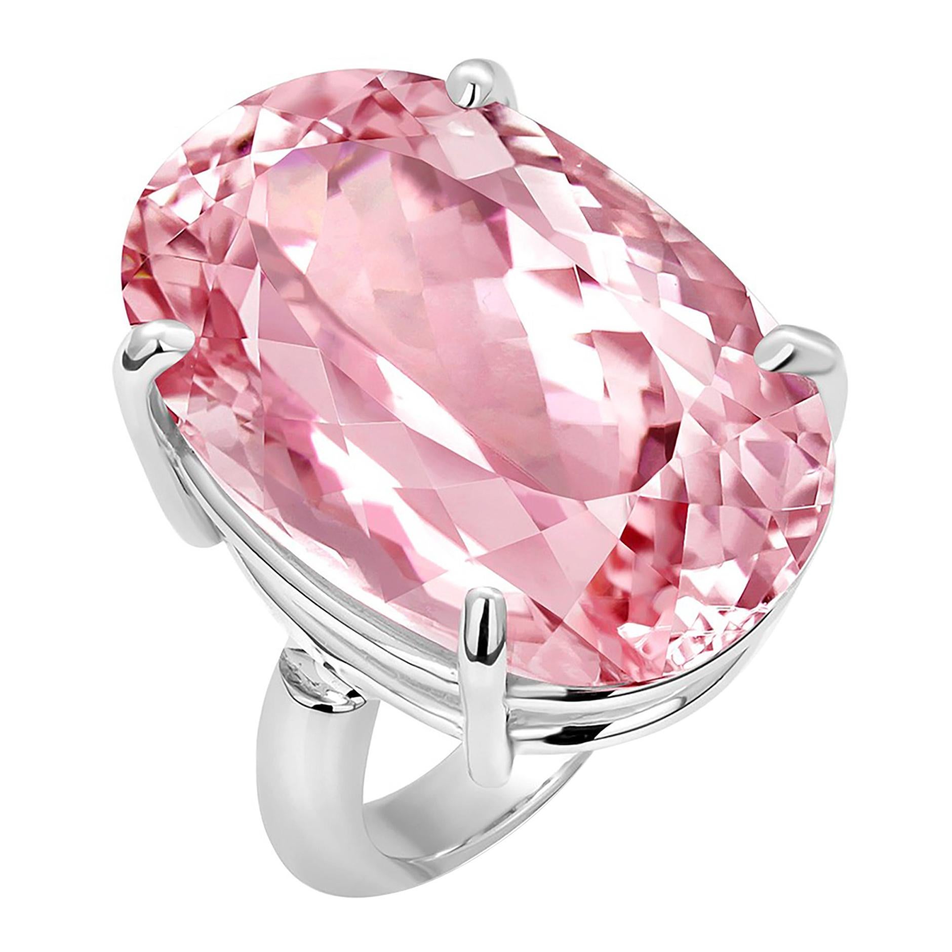 Oval Shaped Pink Kunzite Weighing 28.61 Carats White Gold Cocktail Ring