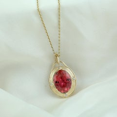 Oval Shaped Pink Tourmaline Minimal Pendant With Diamonds Made In 18k Gold