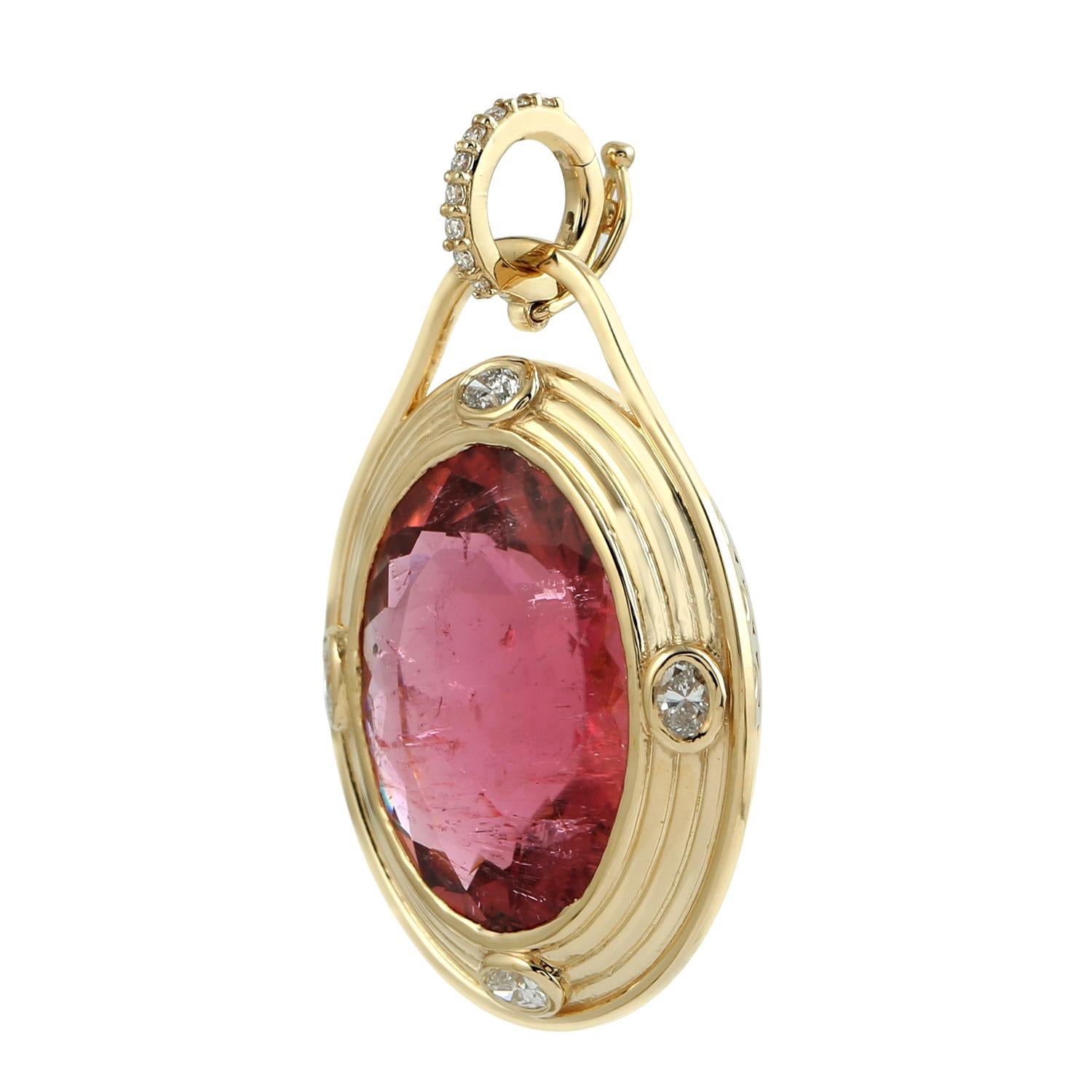 Art Deco Oval Shaped Pink Tourmaline Minimal Pendant With Diamonds Made In 18k Gold For Sale