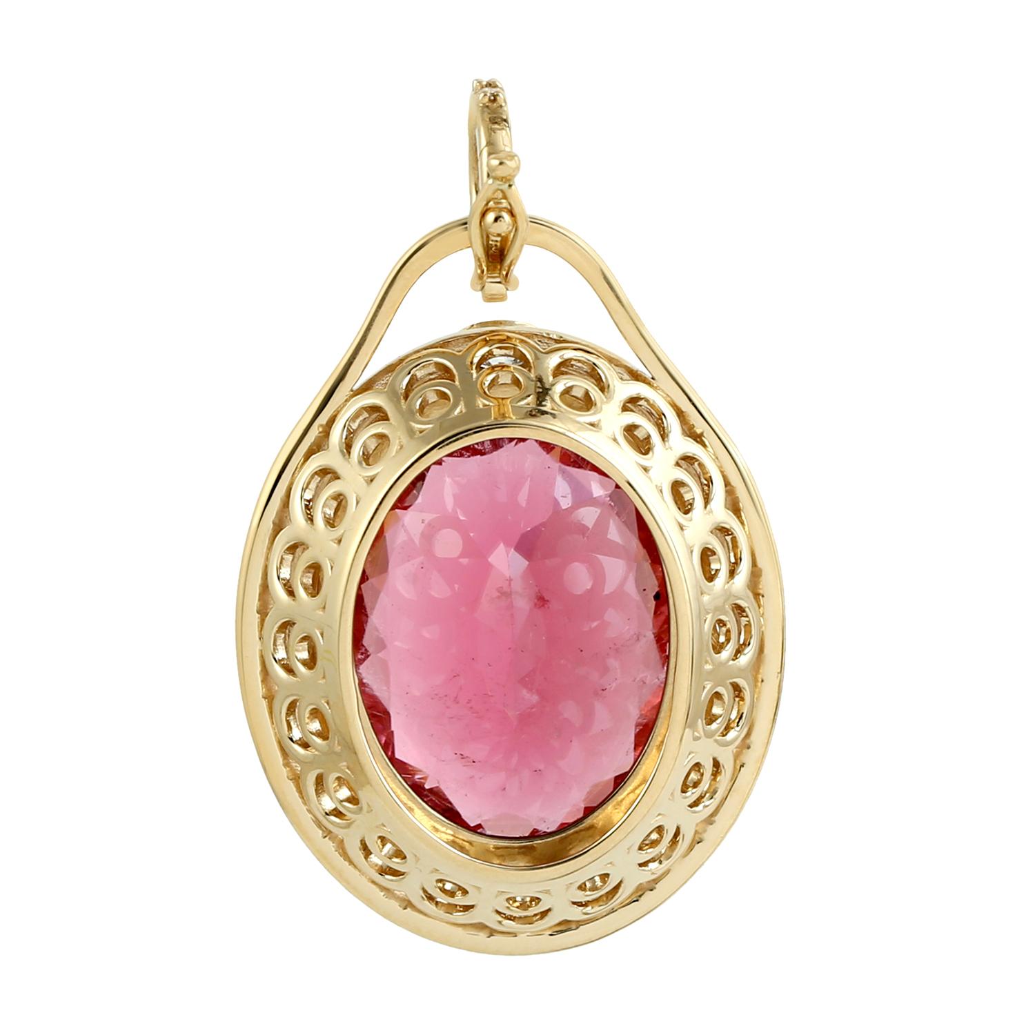 Mixed Cut Oval Shaped Pink Tourmaline Minimal Pendant With Diamonds Made In 18k Gold For Sale