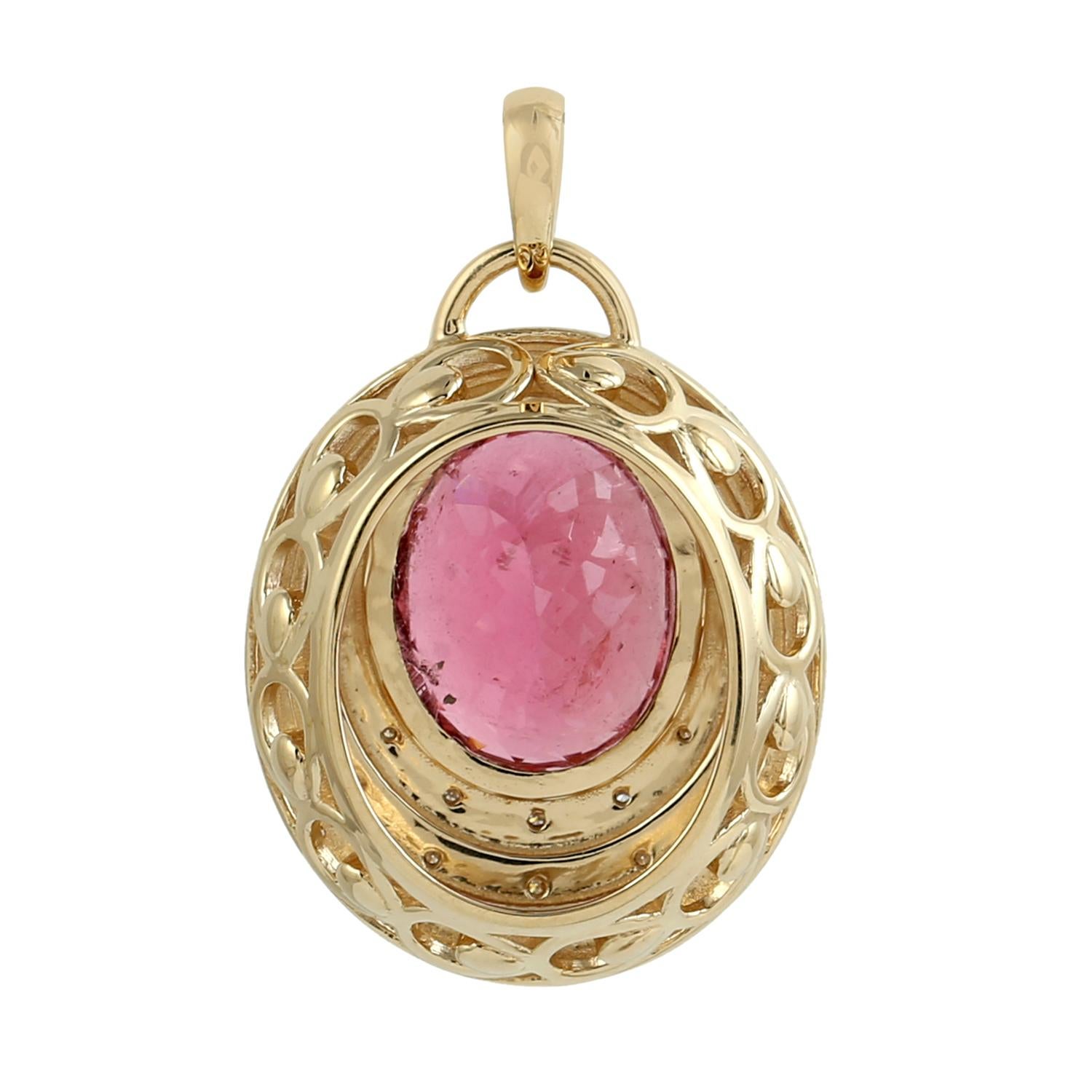 Mixed Cut Oval Shaped Pink Tourmaline Minimal Pendant With Diamonds Made In 18k Gold For Sale