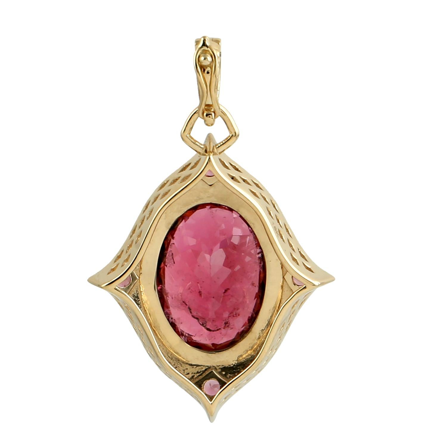 Mixed Cut Oval Shaped Pink Tourmaline Minimal Pendant With Diamonds Made In 18k Gold For Sale