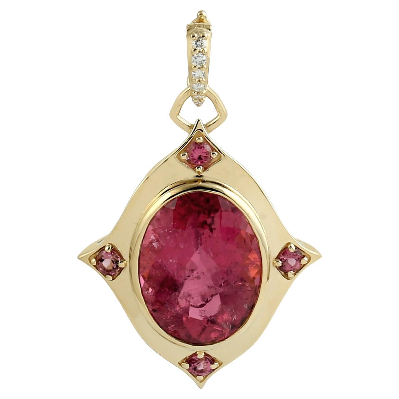 Oval Shaped Pink Tourmaline Minimal Pendant With Diamonds Made In 18k Gold