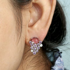 Oval Shaped Pink Tourmaline Stud Earrings With Amethyst & Diamonds