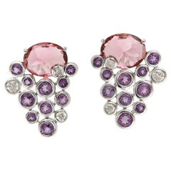 Clous d'oreilles en tourmaline rose de forme ovale avec améthyste et diamants